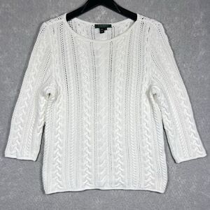 Lauren Ralph Lauren Round Neck Cable Knit Sweater Women’s Large Petite PL White